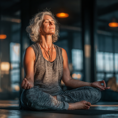 Група літніх людей практикує м'яку йогу в затишному студійному середовищі