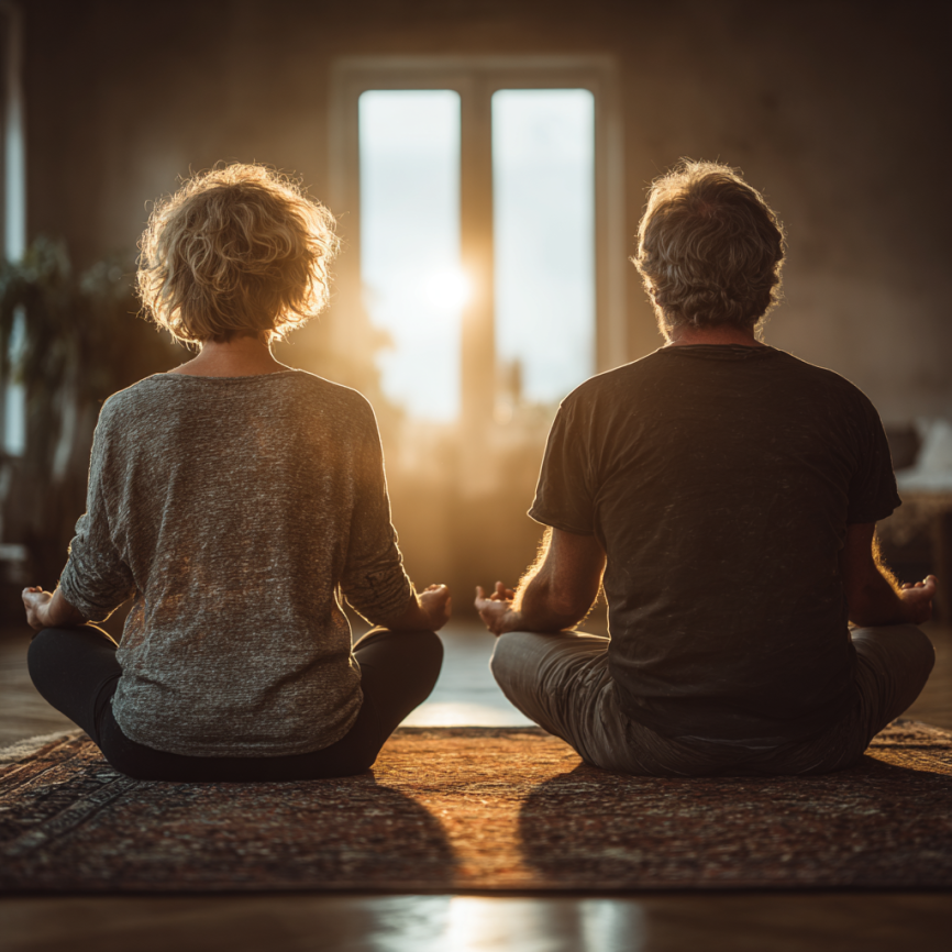 Літні люди виконують вправи на баланс та координацію в йога-студії